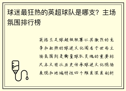 球迷最狂热的英超球队是哪支？主场氛围排行榜