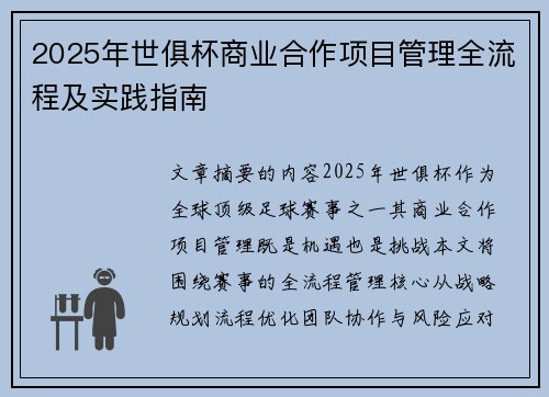 2025年世俱杯商业合作项目管理全流程及实践指南