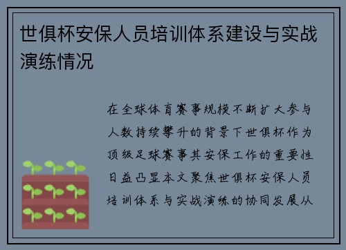 世俱杯安保人员培训体系建设与实战演练情况